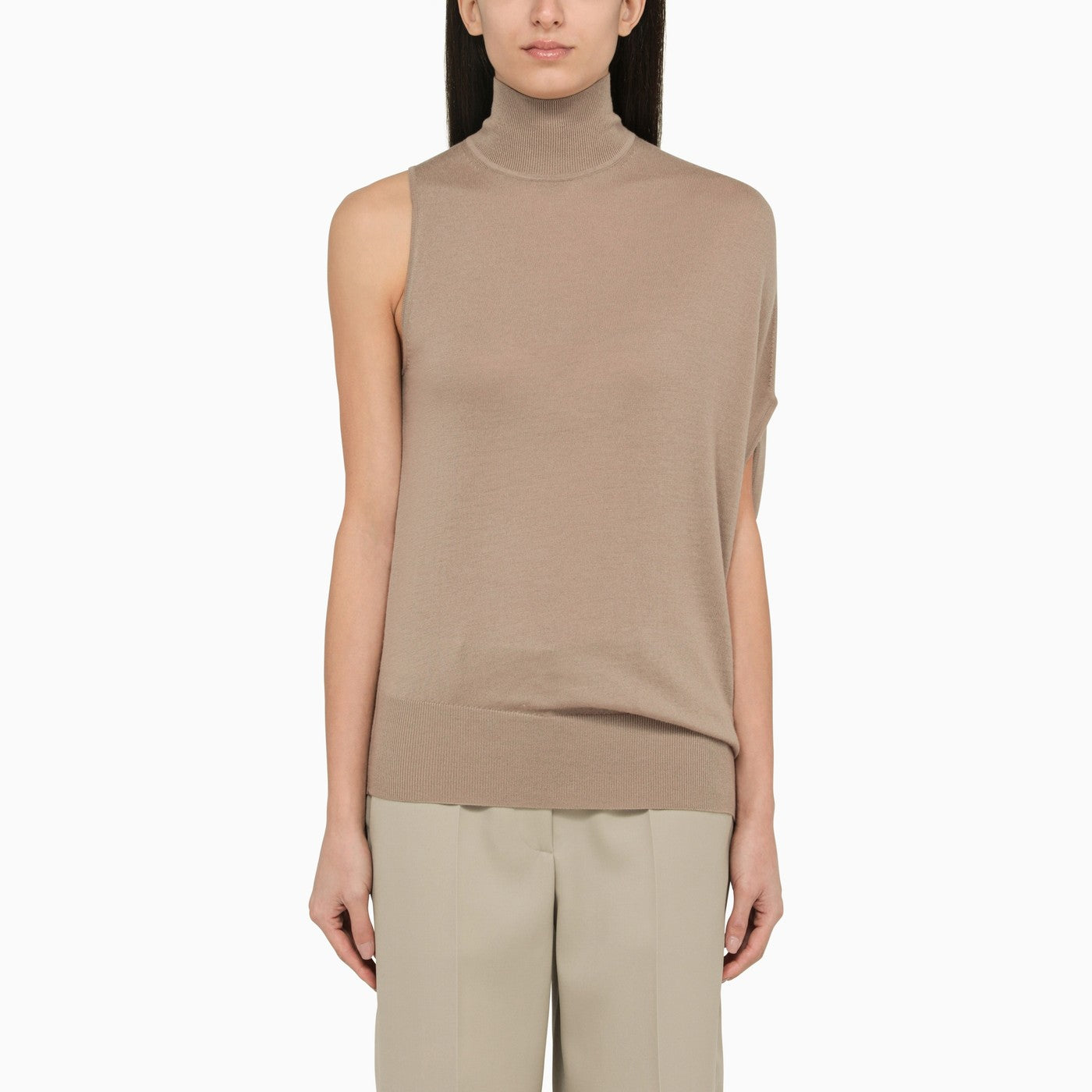 Calvin Klein Taupe One Shoulder Turtleneck In Wool Balardi